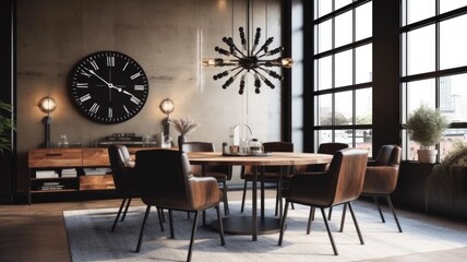 Interior design inspiration of Industrial Mid-century Modern style home dining room loveliness decorated with Metal and Leather material and Edison Bulb Chandelier .Generative AI home interior design