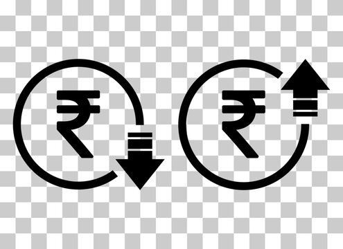 Set of cost symbol rupee increase and decrease icon. Money vector symbol isolated on background
