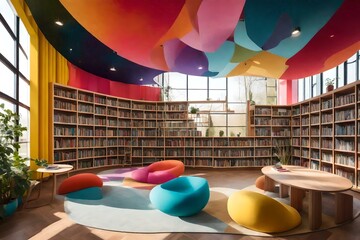 A contemporary library with a vibrant children's section, colorful reading nooks, and interactive learning spaces, fostering a love for reading and exploration. - obrazy, fototapety, plakaty