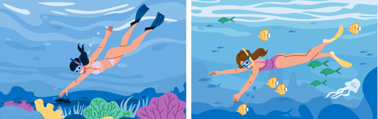 Naklejka premium thailand woman snorckeling vector. hawaii water, sea mask, ocean tropical thailand woman snorckeling character. people flat cartoon illustration