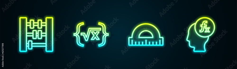 Poster set line abacus, square root of x glyph, protractor and function mathematical symbol. glowing neon i