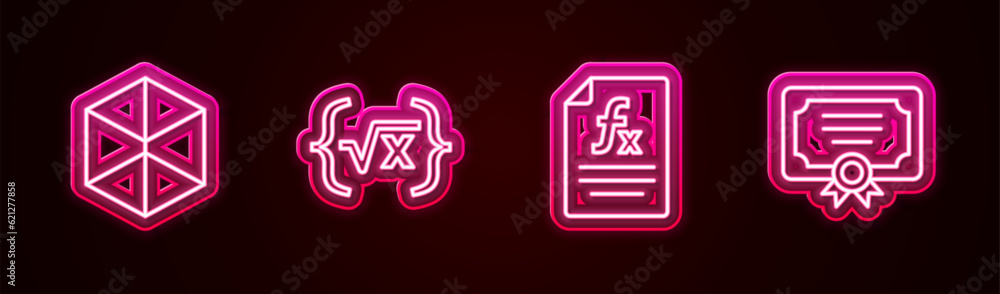 Poster set line geometric figure cube, square root of x glyph, function mathematical symbol and certificate