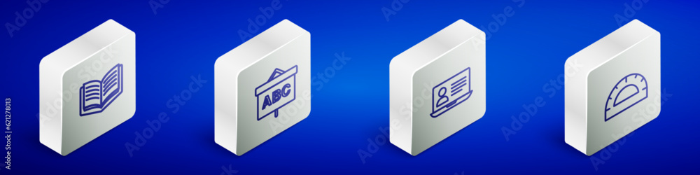 Poster set isometric line open book, chalkboard, online class and protractor grid icon. vector