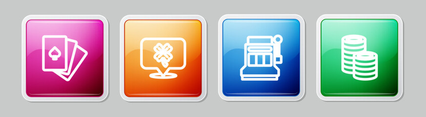 Set line Deck of playing cards, Casino slot machine with clover, Slot and chips. Colorful square button. Vector