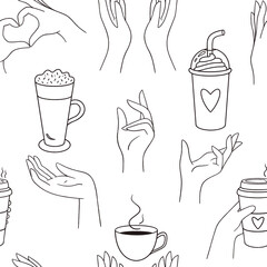 Line art illustration of hands holding cup of aromatic espresso takeaway coffee and latte on white background
