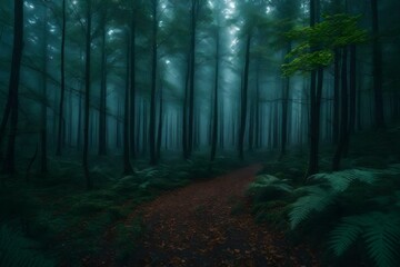 A dense forest with a mysterious fog rolling in.