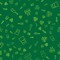 Set line Opened bottle of wine, Glass vodka and Pack beer bottles on seamless pattern. Vector