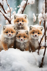 Obraz premium Small group of tiny and cute foxes in the snow