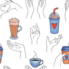 Illustration of hands holding cup of aromatic espresso takeaway coffee and latte macchiato on white background