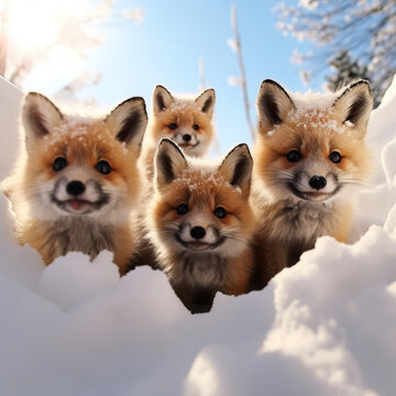 Small Group Of Tiny And Cute Foxes In The Snow