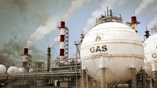 LNG - liquid flammable natural gas heavy industrial facility with storage, fictional - loop video