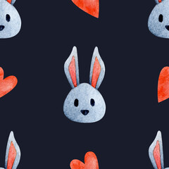 Watercolor illustration of adorable small toy rabbit muzzle around red hearts against dark background