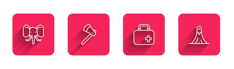 Set line Elephant, Wooden axe, First aid kit and Volcano eruption with long shadow. Red square button. Vector