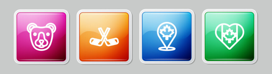 Set line Bear head, Ice hockey sticks, Canadian maple leaf and Heart shaped Canada flag. Colorful square button. Vector