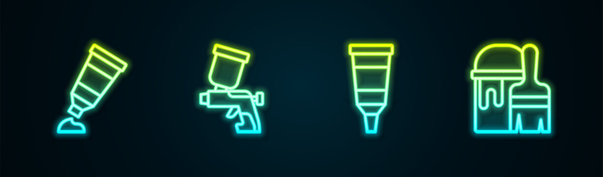 Set line Tube with paint palette, Paint spray gun, and bucket brush. Glowing neon icon. Vector