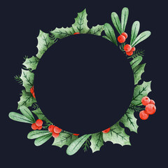 Festive greeting card of Christmas wreath with green leaves and small red berries against black background