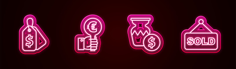 Set line Price tag with Sale, Hand holding auction paddle, Auction ancient vase and sold. Glowing neon icon. Vector