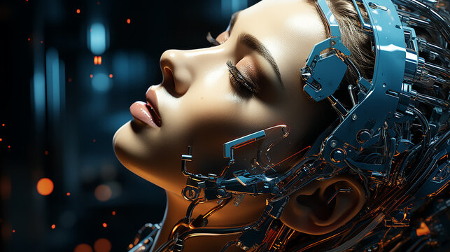 Bela composi&ccedil;&atilde;o com pedras de spa Dom&iacute;nio da intelig&ecirc;ncia artificial, um rob&ocirc; feminino despertando, abrindo olhos digitais, conceito cyberpunk