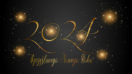 karta lub baner, aby życzyć szczęśliwego nowego roku 2024 w złocie na czarnym tle z brokatem i złotymi gwiazdami