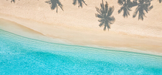 Palm trees shadows on sandy beach, calm sea waves. Turquoise ocean coast from above. Amazing summer nature landscape. Fantastic sunny beach shore, relaxing peaceful and inspirational beach vacation 