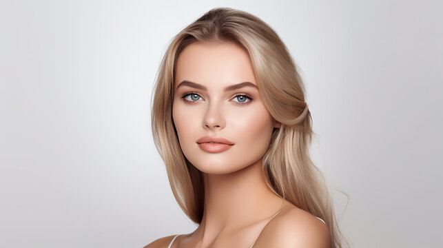 Bela jovem loira com pele perfeita, tocando seu rosto. Tratamento facial. Conceito de cosmetologia, beleza e spa. isolado no fundo branco