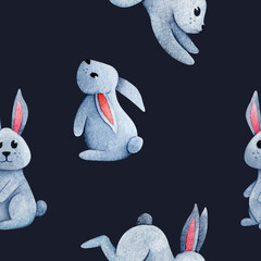 Watercolor illustration of adorable small toy rabbits with long ears sitting and jumping against dark background