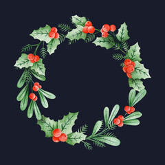 Festive greeting card of Christmas wreath with green leaves and small red berries against black background