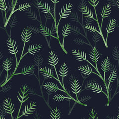 Watercolor illustration of Christmas tree branches. Pattern against black background