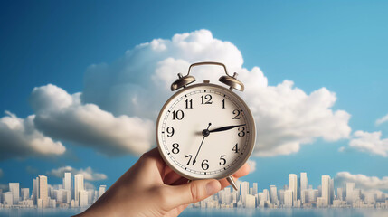 Time management, human hand holding a city scenery with alarm clock and clouds, Time to travel, use...