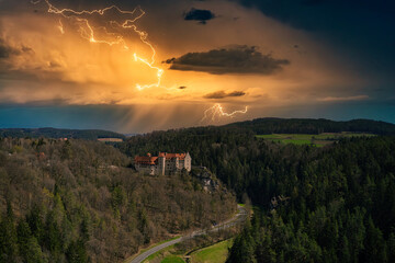 Bird's-eye view of Rabenstein Castle in Franconian Switzerland/Germany during a thunderstorm