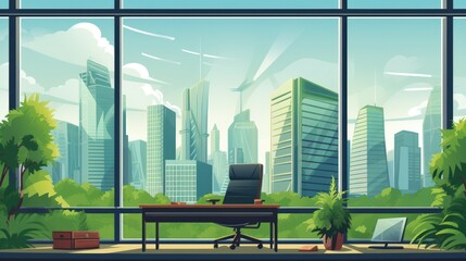 Eco green city view though window in office or workplace background.
 