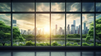 Plakat Eco green city view though window in office or workplace background. 