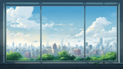 Eco green city view though window in office or workplace background.
 