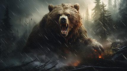 urso gigante determinado na tempestade da floresta