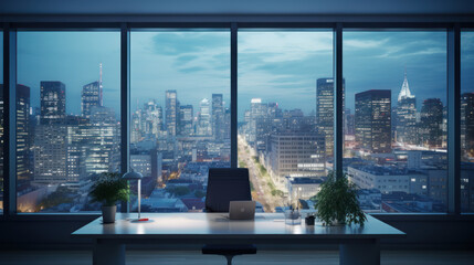 Fototapeta na wymiar Eco green city view though window in office or workplace background. 