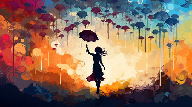 Desenho pisicod&eacute;lico colorido liberdade e divers&atilde;o, silhueta de mulheres voando com bal&otilde;es e guarda-chuva