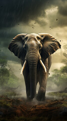 Fototapeta na wymiar Elefante determinado na tempestade da floresta