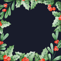 Watercolor illustration of greeting card decorated with green leaves and red berries with empty space in middle against black background