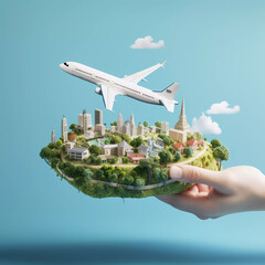Time to travel concept, human hand holding a city scenery with clouds, and airplane, Small world, photo use for travel concept illustration, advertising, poster, cover, Generative ai.