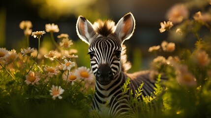 Baby zebra in the grass with daisies and sunlight. Generative AI.