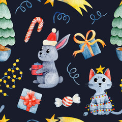 Watercolor illustration of cute little rabbit in hat holding gift near cat wrapped in garland presents and spruces against dark background 