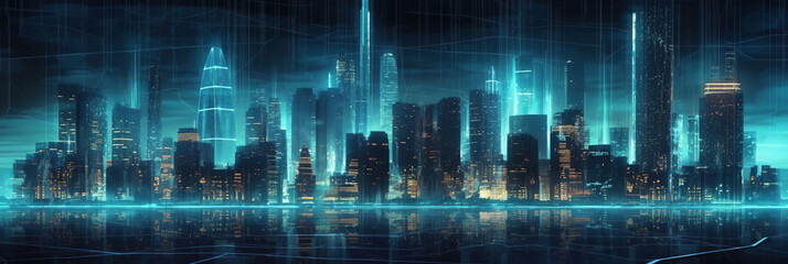Futuristic Data City Skyscrapers on blue background. Metaverse smart technology Business concept. Internet Connections, global technological communication network. generative ai - obrazy, fototapety, plakaty