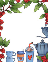 Illustration of creative frame with empty space in middle surrounded by coffee plant cups and brewing equipment on white background