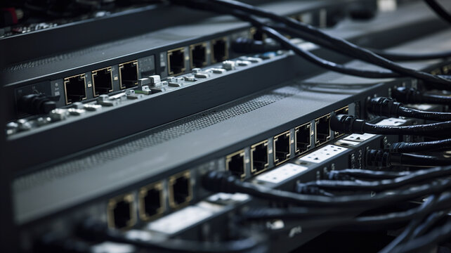 Network Switches and Ethernet Cables in Data Center: Seamless Connectivity for High-Speed Networking. Close-Up of Fiber Optic and Hub in Server Room. Reliable LAN Internet Cables. Efficient Management