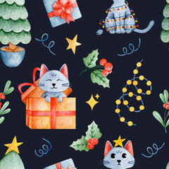 Watercolor illustration of a cute little cat peeking out of a gift box around a garland and Christmas tree on a dark background