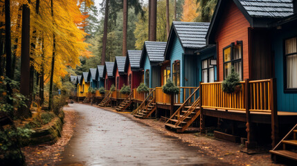 Illustration of colorful bungalows in the autumn forest with road, AI Generated