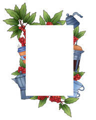 Illustration of creative frame with empty square space in middle surrounded by coffee plant cups and brewing equipment on white background