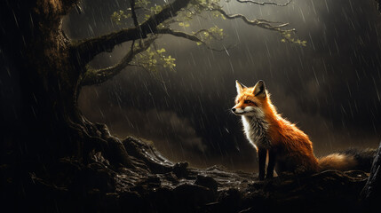 raposa  na tempestade da floresta