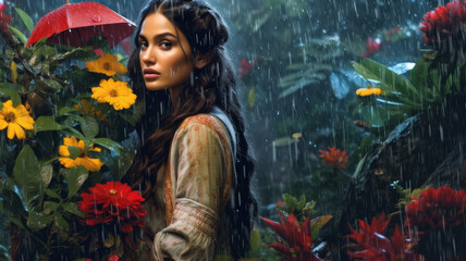 girl gets wet in the rain