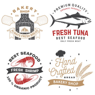 Set of Bakery and seafood badges. Vector. For emblem, sign, patch, shirt, menu restaurants with rolling pin, windmill, wheat ears, tuna, trout, shrimp, octopus crab mussels and clams.